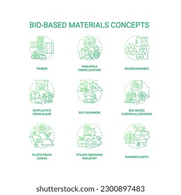 Bio based materials green gradient concept icons set. Sustainable solutions. Biodegradable products idea thin line color illustrations. Isolated symbols. Roboto-Medium, Myriad Pro-Bold fonts used