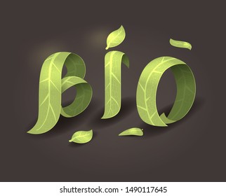Bio. Big green leaf phrase on dark bakground. Cartoon banner with 3d letters for friendly text