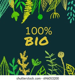 a  bio border; a frame hand drawn by pencil; made of meadow herbs, flowers and plants; great for ecological, natural and organic posters, cards, banners, labels, as a logo background
