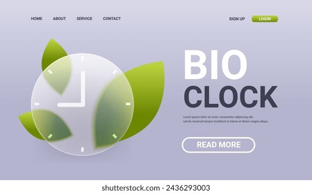 Bio clock horizontal landing page. Glass green innovation technology service