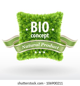 Bio concept label. Green leaves. Vector illustration.