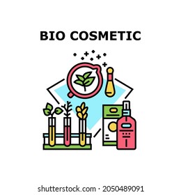 Concepto de Icono del Vector Cosmético Bio. Botella Y Paquete Bio Cosmetic. Crecimiento De Hierbas Y Plantas Médicas De Laboratorio Para Producción Cosmetología Orgánica Natural Esencia Aromática Ilustración De Color
