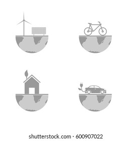 Bio and Eco concept. Wind and solar alternative energy. Bicycle, car and house icons 