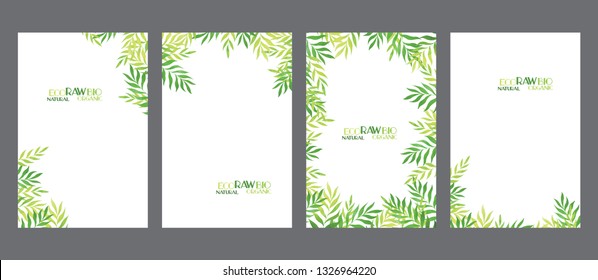 Bio, eco floral cards templates, green vertical frames, universal design for your product