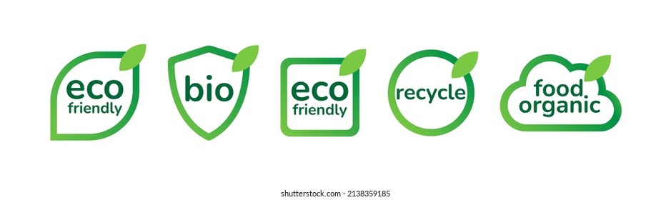 Paquete de etiquetas adhesivas de color verde amigable para Bio Eco. Signos ecológicos ecológicos para natural, orgánico, reciclado, sin gluten, medio ambiente, símbolos ecológicos, insignias, diseño de certificados. Conjunto de iconos de vector plano.
