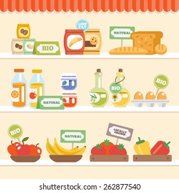 Bio eco natural food collection on supermarket shelves vector illustration