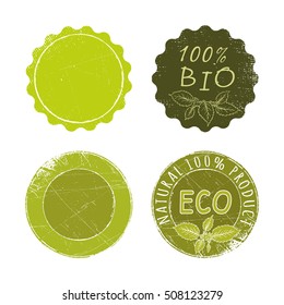 Bio, eco, natural green badges set, grunge painting design