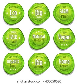 Bio And Eco Seal Stampers/
Illustration of a funny bio and ecological green seal stampers set, with fair trade, environment friendly, vegan, farm fresh or home grown mentions, for healthy food grocery