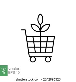 Bio, eco shop icon. Simple outline style. Plant seeds seedling trolley cart shopping, green leaf, nature concept. Thin line vector illustration isolated on white background. EPS 10.