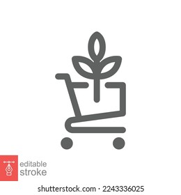 Bio, eco shop icon. Simple outline style. Plant seeds seedling trolley cart shopping, green leaf, nature concept. Thin line vector illustration isolated on white background. Editable stroke EPS 10.
