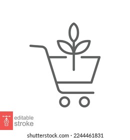 Bio, eco shop icon. Simple outline style. Plant seeds seedling trolley cart shopping, green leaf, nature concept. Thin line vector illustration isolated on white background. Editable stroke EPS 10.