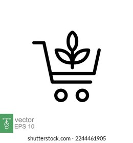 Bio, eco shop icon. Simple outline style. Plant seeds seedling trolley cart shopping, green leaf, nature concept. Thin line vector illustration isolated on white background. EPS 10.