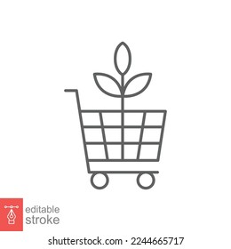 Bio, eco shop icon. Simple outline style. Plant seeds seedling trolley cart shopping, green leaf, nature concept. Thin line vector illustration isolated on white background. Editable stroke EPS 10.
