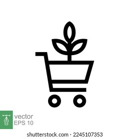 Bio, icono de la tienda ecológica. Estilo de contorno simple. Plantar semillas de plántulas para la compra de carritos de carrito de cebada, hoja verde, concepto de naturaleza. Ilustración vectorial de línea delgada aislada en fondo blanco. EPS 10.