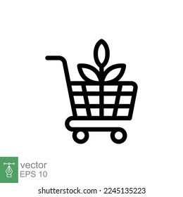 Bio, eco shop icon. Simple outline style. Plant seeds seedling trolley cart shopping, green leaf, nature concept. Thin line vector illustration isolated on white background. EPS 10.