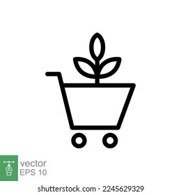 Bio, icono de la tienda ecológica. Estilo de contorno simple. Plantar semillas de plántulas para la compra de carritos de carrito de cebada, hoja verde, concepto de naturaleza. Ilustración vectorial de línea delgada aislada en fondo blanco. EPS 10.