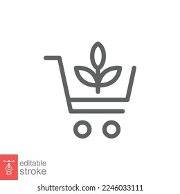Bio, eco shop icon. Simple outline style. Plant seeds seedling trolley cart shopping, green leaf, nature concept. Thin line vector illustration isolated on white background. Editable stroke EPS 10.