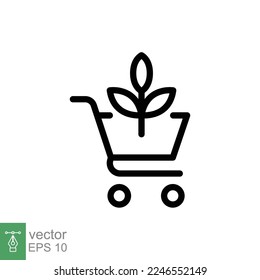 Bio, eco shop icon. Simple outline style. Plant seeds seedling trolley cart shopping, green leaf, nature concept. Thin line vector illustration isolated on white background. EPS 10.
