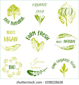 Bio, Ecology, Organic logos and icons, labels, tags. Hand drawn bio healthy food badges, set of raw, vegan