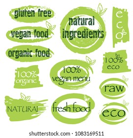 Bio, ecology, organic logos and icons, labels, tags and elements. Set of green healthy organic food labels, stickers, logos for restaurants, vegan cafe, farm market and organic products packaging.