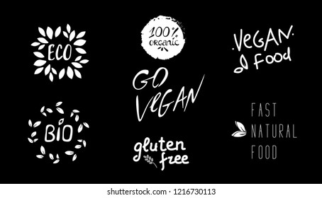 Bio, Ecology, Organic logos and icons, labels, tags. 100 bio, organic, gluten free, eco. Hand drawn bio healthy food badges, set of raw, vegan, healthy food signs, organic elements set. black white.