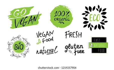 Bio, Ecology, Organic logos and icons, labels, tags. 100 bio, organic, gluten free, eco. Hand drawn bio healthy food badges, set of raw, vegan, healthy food signs, organic and elements set