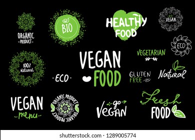 Bio, Ecology, Organic logos and icons, labels, tags. Hand drawn bio healthy food badges, set of raw, vegan, healthy food signs, organic, elements set. go vegan, vegetarian, hand drawing black green