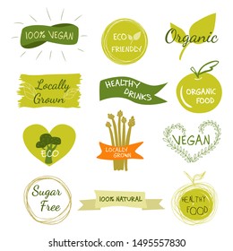 Bio, Ecology, Organic logos and icons, labels, tags. Hand drawn bio healthy food badges, set of raw, vegan, healthy food signs, organic and elements set. Vector illustration eps10.