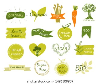 Bio, Ecology, Organic logos and icons, labels, tags. Hand drawn bio healthy food badges, set of raw, vegan, healthy food signs, organic and elements set. Vector illustration eps10.