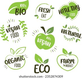 Bio, Ecology, Organic logos and icons, labels, tags. Hand drawn bio healthy food badges, set of raw, vegan, healthy food signs, organic and elements set