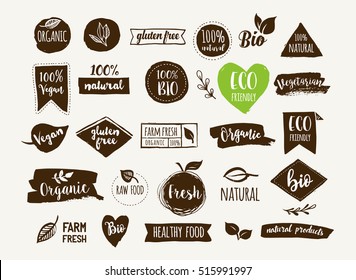 Bio, Ecology, Organic logos and icons, labels, tags. Hand drawn bio healthy food badges, set of raw, vegan, healthy food signs, organic and elements set