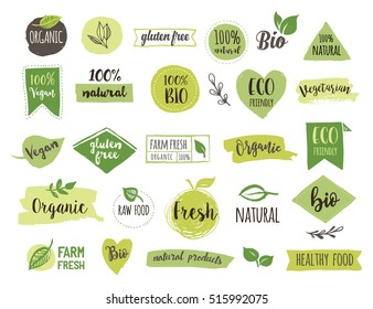 Bio, Ecology, Organic logos and icons, labels, tags. Hand drawn bio healthy food badges, set of raw, vegan, healthy food signs, organic and elements set - Shutterstock ID 515992075