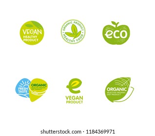 Bio, ecology, organic symbols and signs. Hand drawn emblems for healthy food and drink. Logotypes for vegetarian menu restaurant. Vector illustration.
