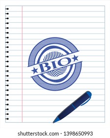 Bio emblem drawn with pen. Blue ink. Vector Illustration. Detailed.
