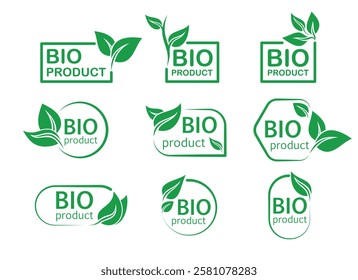 BIO emblems of products with green leaves, organic labels in various forms, eco-friendly design.