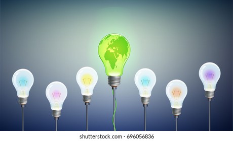 Bio energy bulb idea, group of bulbs and one is green with world globe pattern, eco energy concept, vector