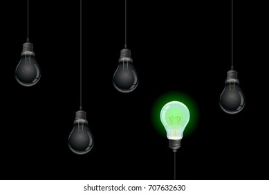 Bio energy bulbs idea, group of bulbs and one is green eco energy concept, vector