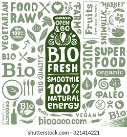 Bio energy drink packaging template with set of labels and icons for organic and natural food