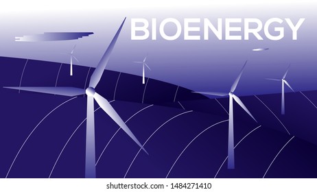 Bio energy. Field with wind energy generators. Windmills. Concept of renewable energy use. Flat vector illustration