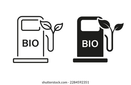 Bio Energy Station Line and Silhouette Icon Set. Ecology Diesel Station. Organic Oil in Gasoline Pump Symbol on White Background. Natural Biofuel Alternative Gas. Isolated Vector Illustration.