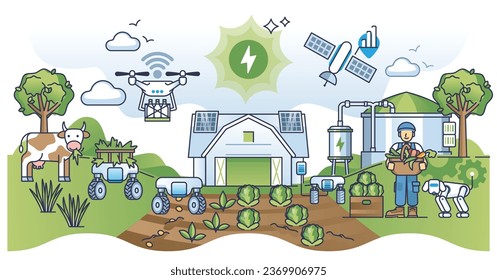 Bio energy and sustainable revolution in green agriculture outline concept. Effective modern farmer with farming automation strategy and solar electricity usage for technology vector illustration.