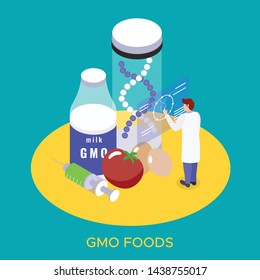 Bio engineering gmo products research lab isometric composition with genetically modified food milk eggs background vector illustration 