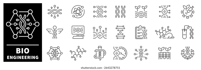 Conjunto de ícones de bioengenharia. Conjunto de ícones de linha fina relacionado à bioengenharia e ao DNA. Coleção de ícones da web no estilo de linha. Biotecnologia, bioquímica, ciência, laboratório, biologia, DNA