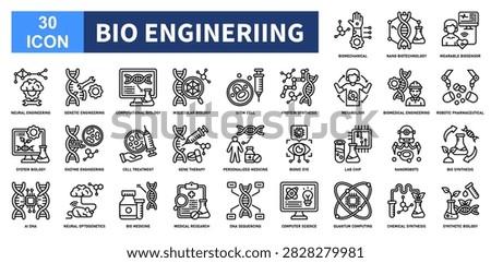 Bio Engineriing icon collection set. Containing Biomechanical, Nano Biotechnology, Wearable Biosensor, Robotic Pharmaceutical, Biomedical Engineering icon. Simple line vector.