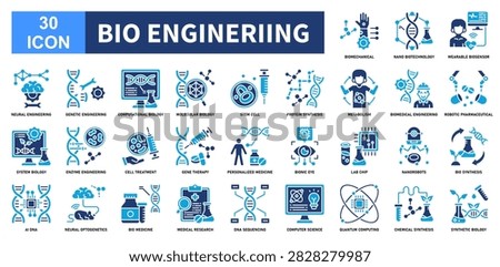 Bio Engineriing icon collection set. Containing Biomechanical, Nano Biotechnology, Wearable Biosensor, Robotic Pharmaceutical, Biomedical Engineering icon. Simple Glyph Color vector.