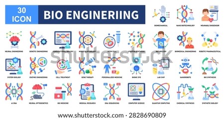 Bio Engineriing icon collection set. Containing Biomechanical, Nano Biotechnology, Wearable Biosensor, Robotic Pharmaceutical, Biomedical Engineering icon. Simple Flat vector.