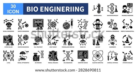 Bio Engineriing icon collection set. Containing Biomechanical, Nano Biotechnology, Wearable Biosensor, Robotic Pharmaceutical, Biomedical Engineering icon. Simple Glyph vector.