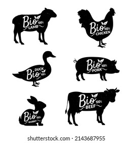 bio farm animal silhouettes in black set