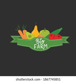 Bio farm eco product with ribbon and hand written sign for logo sticker grocery store, bio food market, supermarket. Vector stock illustration on black background.