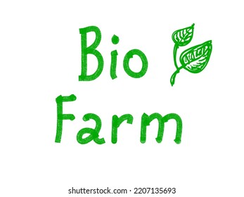 Textos hechos a mano por la granja de bio, letras dibujadas a mano con hojas. Concepto de diseño de comida vegetariana y vegana. Nutrición vegetal.